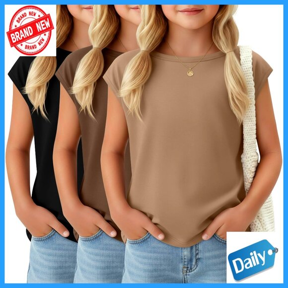 3 Pack Girls Cap Sleeve Tees Boat Neck Loose Fit Summer Tops 5-14 Years